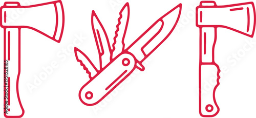 Classic camping tools including an axe, pocket knife, and survival hatchet