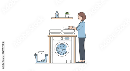 A woman folds clean laundry on a wooden counter next to a washing machine and a laundry basket.