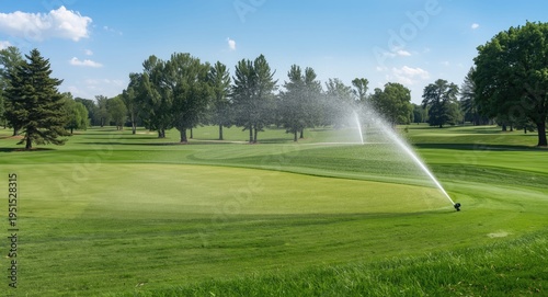 Precision irrigation system watering pristine golf course landscape