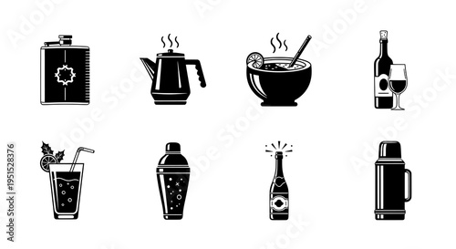 Diverse Collection of Drink and Beverage Icons in Black and White Silhouette Style