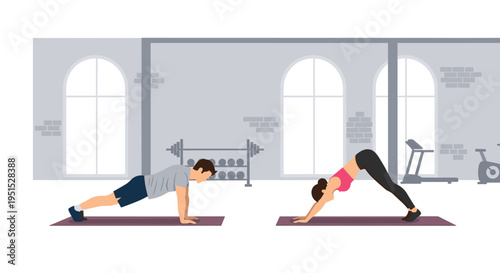 A man and a woman perform yoga poses on separate mats in a gym with arched windows and fitness equipment.
