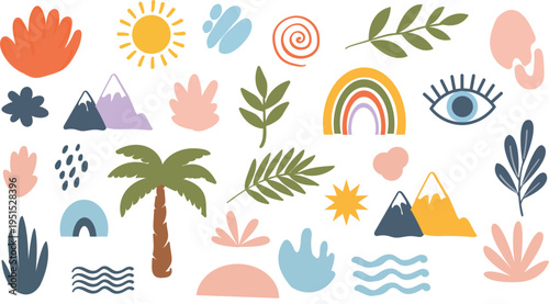 Vector art of colorful bohemian style icons on with palm tree and rainbow