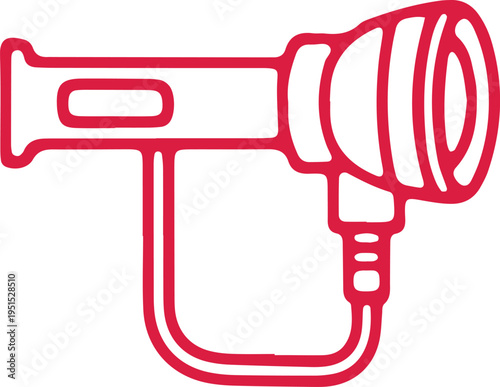 A red outline icon of a handheld hair dryer with a flexible hose attachment