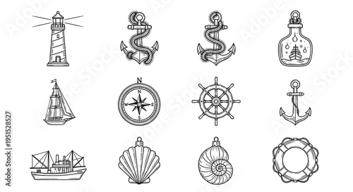 Collection of Hand-Drawn Nautical and Marine-Themed Elements in Line Art Style