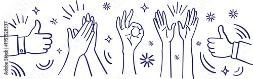 Vector art of blue line drawing of hands with thumbs up and clapping