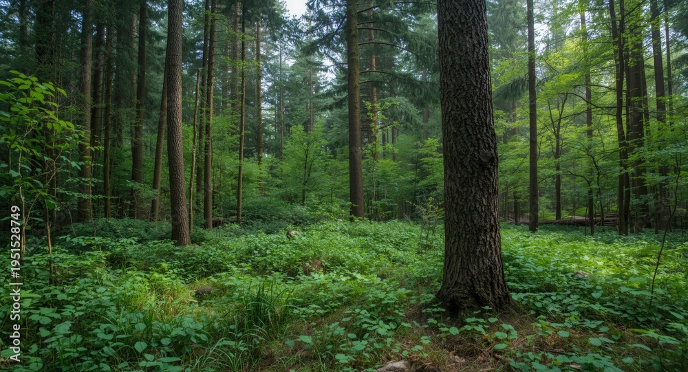 Fototapeta premium Fresh morning in a lush forest with tall trees and natural undergrowth