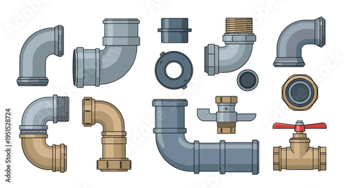 Various metal and PVC pipe fittings, including elbows and a valve, are neatly arranged on a plain white surface.