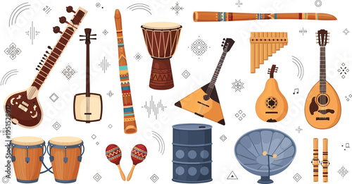 Traditional Folk Musical Instruments Vector Set Featuring Sitar Djembe Balalaika Pan Flute Maracas Bongos and Cultural World Music Instruments
