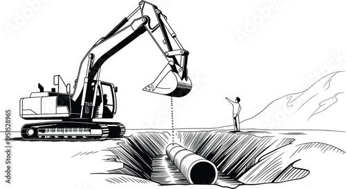 Large excavator placing cylindrical concrete pipe into deep trench during civil engineering construction project with worker guiding installation process on hilly terrain infrastructure site