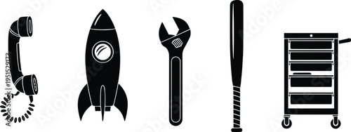 Set of five black silhouette icons featuring rotary telephone, rocket ship, adjustable wrench, baseball bat, and tool chest cabinet for communication, sports, tools, and storage