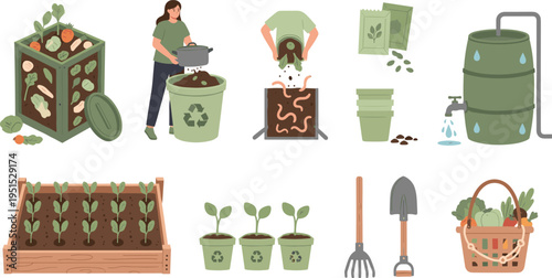Sustainable Gardening and Composting Vector Illustration Set with Eco Friendly Waste Recycling, Organic Farming Tools, Home Gardening and Environmental Lifestyle Elements