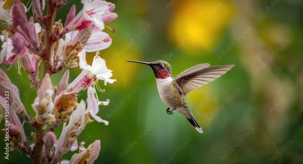 Fototapeta premium Happy hummingbird hovering near white petals in a colorful botanical garden