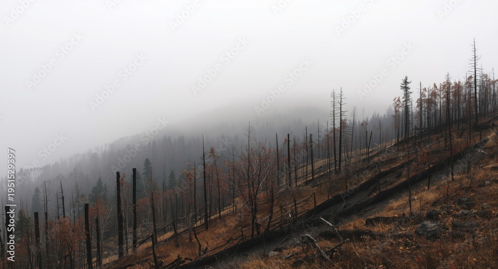Fototapeta premium Dense fog over a mountain forest exhibiting wildfire damage with charred natural elements