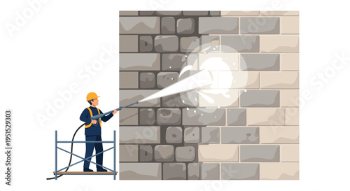 A worker on scaffolding uses a high-pressure washer to clean a dirty brick wall, showing a clear contrast.