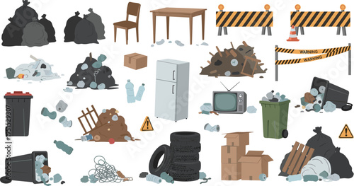 Urban Waste and Illegal Dumping Vector Set Featuring Garbage Bags Construction Debris Broken Furniture Trash Bins and Environmental Pollution Scenes