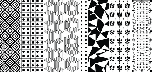 Set of seven unique geometric and decorative seamless patterns including diamonds, cubes, hexagons, floral motifs, abstract mosaics, and ornate symmetrical designs for backgrounds