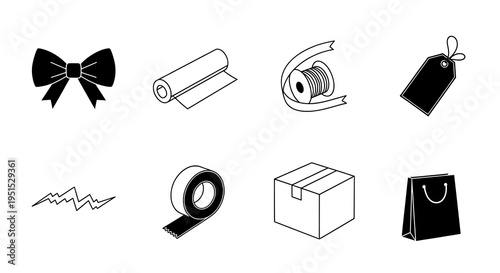 Monochrome Vector Icon Set for E-commerce, Packaging, Shipping, and Gift Wrapping Supplies