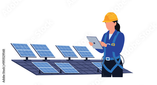 A female solar technician in a hard hat and harness monitors an array of six blue solar panels with a tablet.