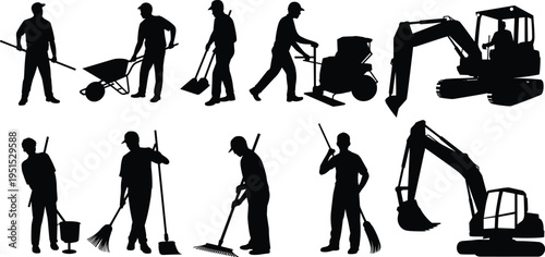 Silhouette construction and maintenance workers performing tasks with shovel, broom, wheelbarrow, rake, compactor, excavator, and cleaning tools for building, landscaping, and public service projects