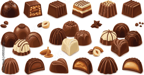 Cartoon Chocolate Candy Collection with Pralines Truffles Filled Chocolates Nuts Caramel and Gourmet Dessert Confectionery Vector Illustration