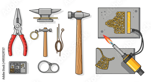 Various jewelry-making tools and metalwork pieces are arranged on a white surface with a torch heating a design.