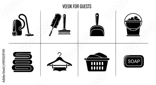 Essential Guest Amenities and Cleaning Supplies Icons for Hospitality Services