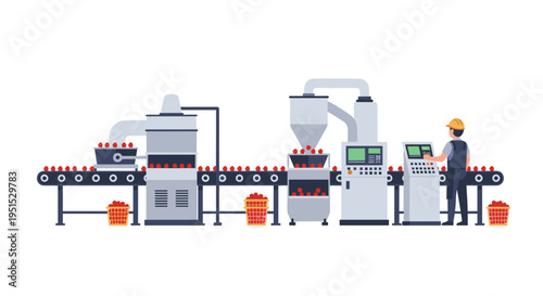 A worker operates machinery on a factory line processing red tomatoes on multiple conveyor belts into baskets.