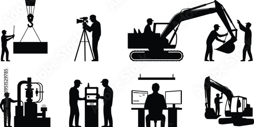 Silhouette illustrations of construction and engineering workers operating excavators, cranes, 