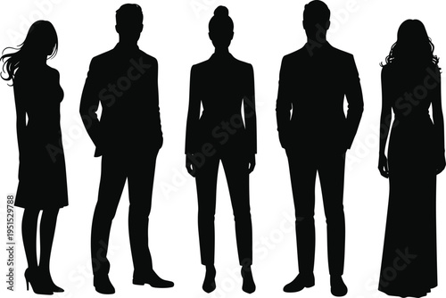 Black Silhouette Group of Diverse Professional Men and Women in Business Suits Standing Isolated on White Background for Corporate Leadership and Teamwork Concepts