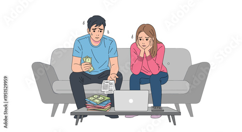 A distressed man and woman sit on a gray sofa, surrounded by cash, bills, a laptop, and a calculator.
