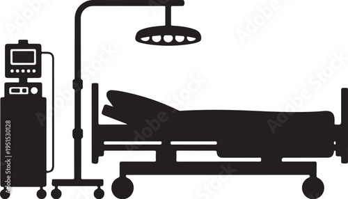 Hospital bed with medical equipment and overhead light