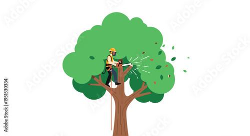 A male arborist in safety gear cuts a tree branch with a chainsaw, generating flying leaves and wood chips.