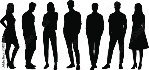 Diverse Group of Casual Young People Silhouettes Standing in Different Poses Isolated on White Background for Youth Culture Community Teamwork and Social Diversity Concepts