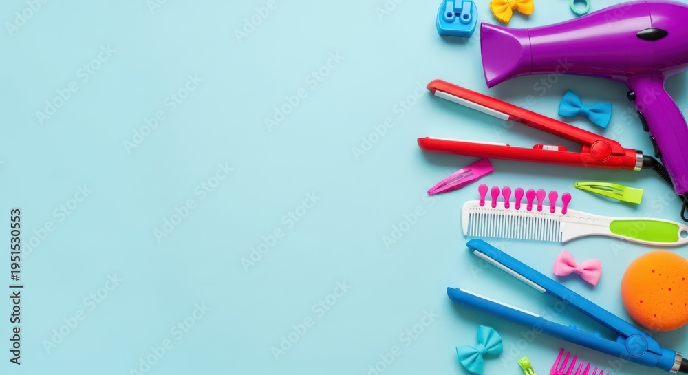 Fototapeta premium April fool's day prank with colorful hair styling tools and accessories