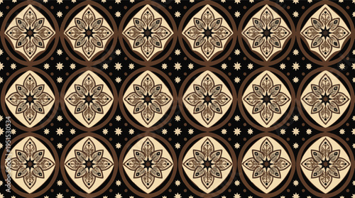 Richly detailed flat vector design showcasing a repetitive ornamental motif, blending intricate cultural patterns with a modern seamless presentation, ideal for various graphic applications