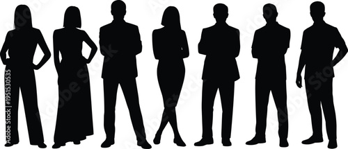 Diverse Professional Business People Silhouettes Standing in Confident Poses Isolated on White Background for Corporate Teamwork Leadership Success and Modern Workforce Representation Concepts