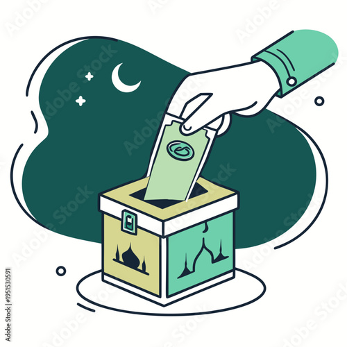 Hand placing monetary donation into charity box with mosque silhouettes under crescent moon and stars