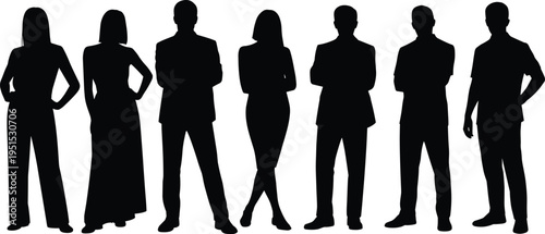 Diverse Group of Professional Business People Silhouettes Standing Together in Formal Suits on White Background Representing Corporate Teamwork Leadership and Modern Career Success Concept