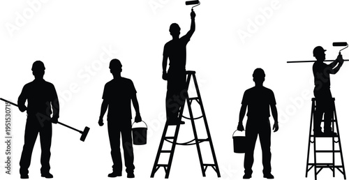 Painter worker silhouettes set with rollers buckets and ladder home renovation concept construction painting service illustration isolated professional 