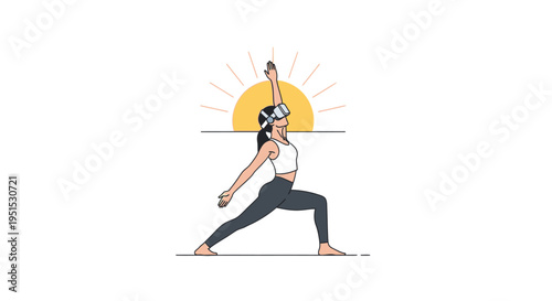 Immersive VR yoga experience with a woman in a headset, practicing mindful poses in a virtual sunny environment for modern wellness.