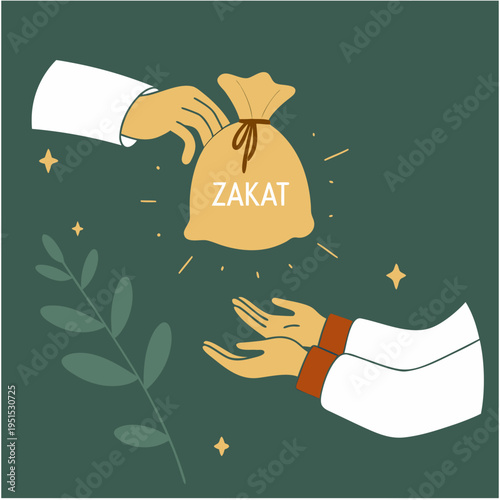 Islamic charity illustration with hands giving and receiving glowing Zakat money bag