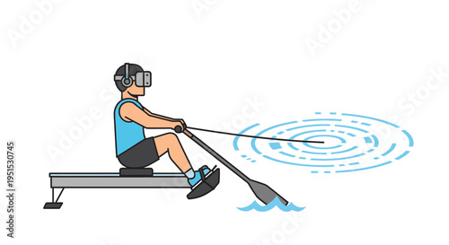 Immersive virtual reality rowing experience: Man wearing VR headset exercising on an indoor rowing machine with digital water graphics.