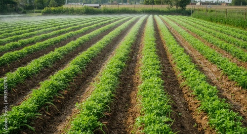 Organic agriculture integrating agroindustry with watering systems on flourishing green fields of carrots and root tubers