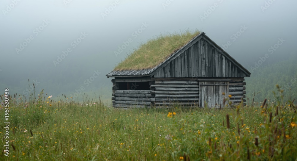 Obraz premium Rustic wooden shed in a misty meadow with tall grass and blooming wildflowers