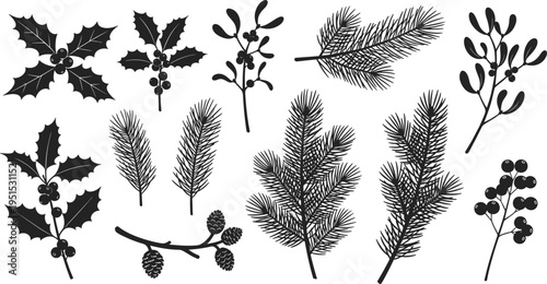 Black and White Vector Set of Holly, Mistletoe, and Pine Branches with Berries for Winter, Christmas, and Holiday Designs
