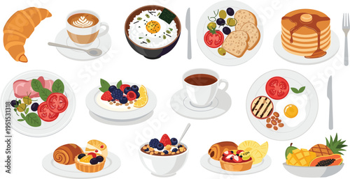 Breakfast and Brunch Food Vector Illustration Set with Croissant, Coffee, Pancakes, Oatmeal Bowl, Toast with Berries, Eggs, Salad and Pastries