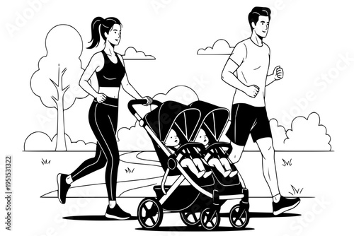Couple Pushing Double Stroller Park Walk Active Parenting Outdoor Family Life Black Vector Silhouette