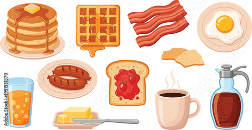 Classic American Breakfast Food Vector Icon Set with Pancakes, Waffle, Bacon, Fried Egg, Sausage, Jam Toast, Coffee, Orange Juice and Maple Syrup