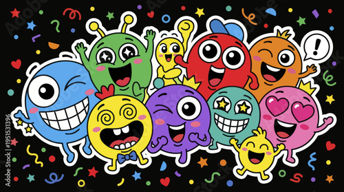 A vibrant group of cute and colorful cartoon monsters with big eyes and wide smiles.
