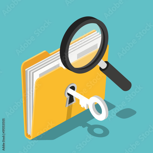 An isometric yellow folder containing documents is unlocked by a silver key and examined with a magnifying glass against a vibrant teal background, symbolizing data security and private investigation